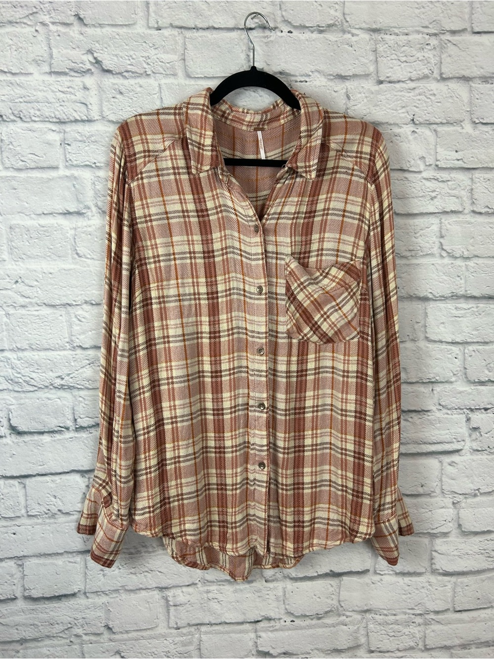 Free People Women’s Large Plaid Button Down Shirt Rayon Oversized Tunic